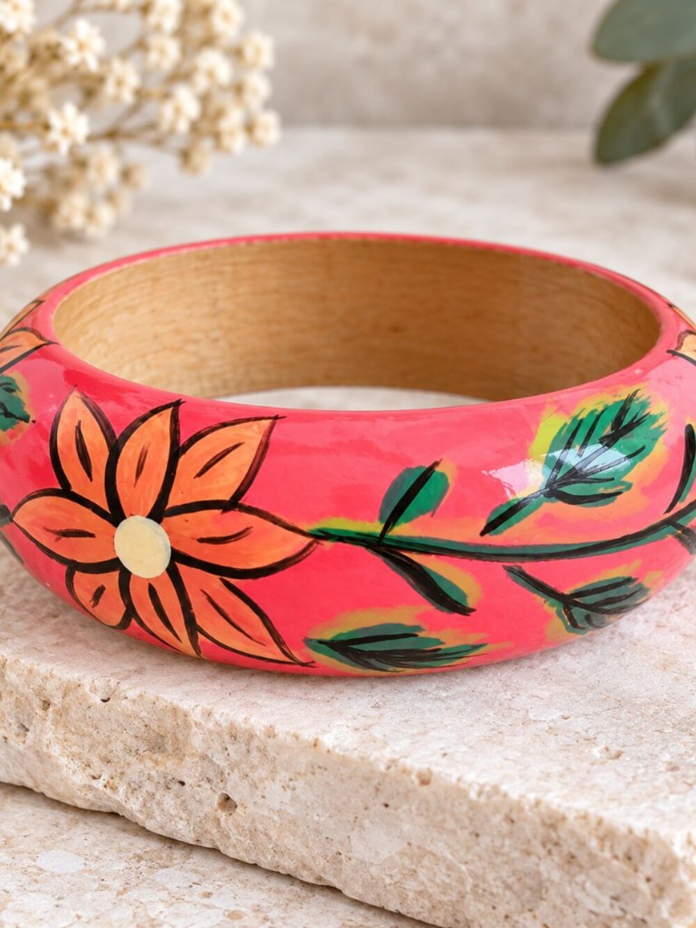 Vintage Hand Painted Pink Floral Wood Lacquer Bangle Bracelet Folk Art